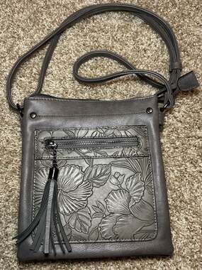 Liz Soto Grey Floral Embossed Crossbody Bag with Tassel